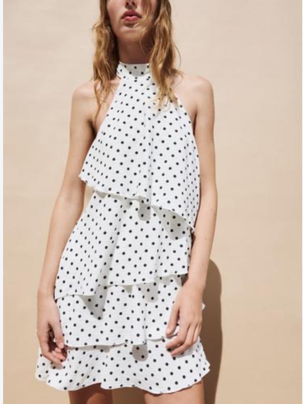 Tiered Halter Polka Dot Mini Dress - White/Black